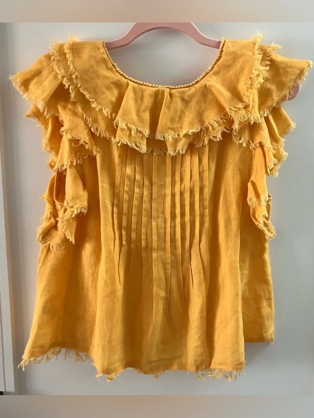 Faherty Yosepha Marigold Linen Fringe Ruffle Blouse - Size Small - Picture 5 of 10